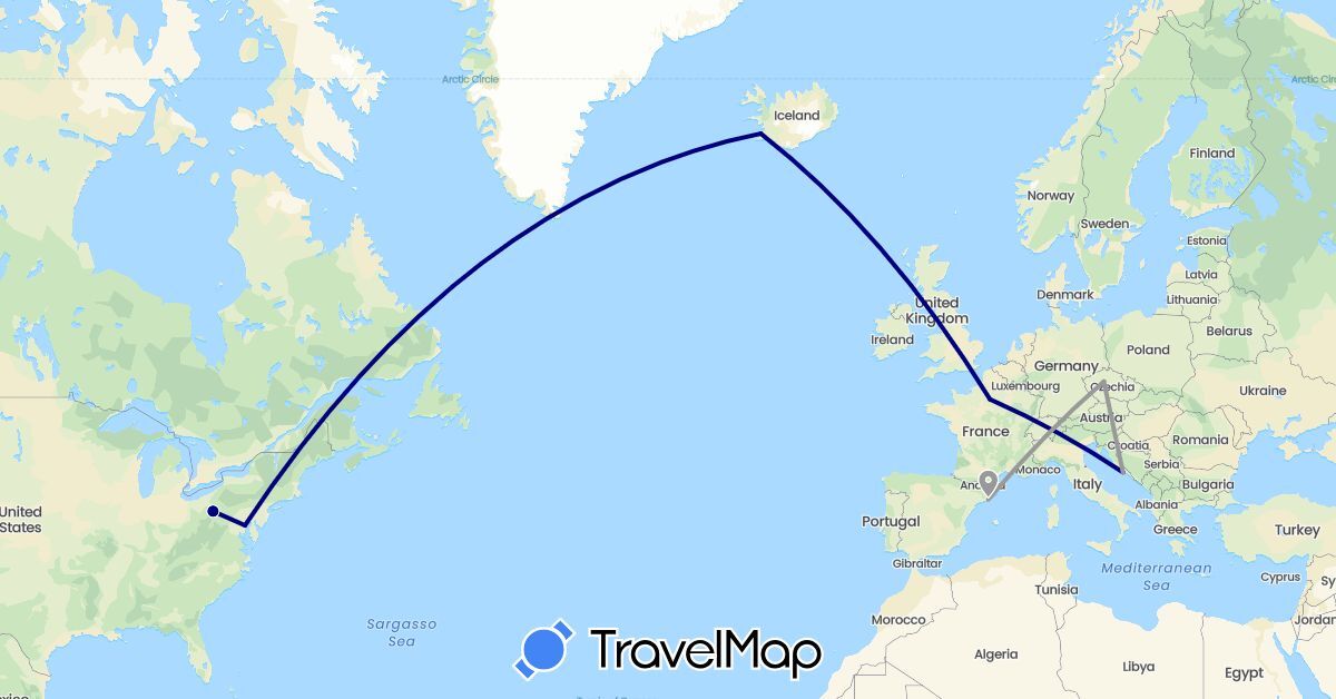 TravelMap itinerary: driving, plane in Czech Republic, Spain, France, Croatia, Iceland, United States (Europe, North America)